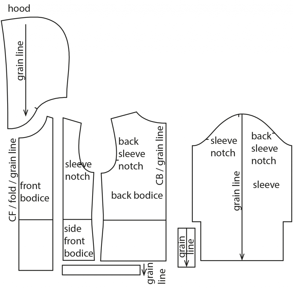 The photo shows the pattern pieces of a sportswear hoodie. The pattern is available on the pattern sheet.