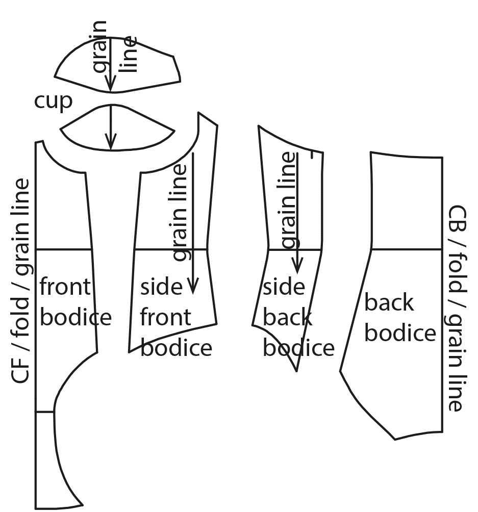 The photo shows the pattern pieces of a swimsuit. The pattern is available on the pattern sheet