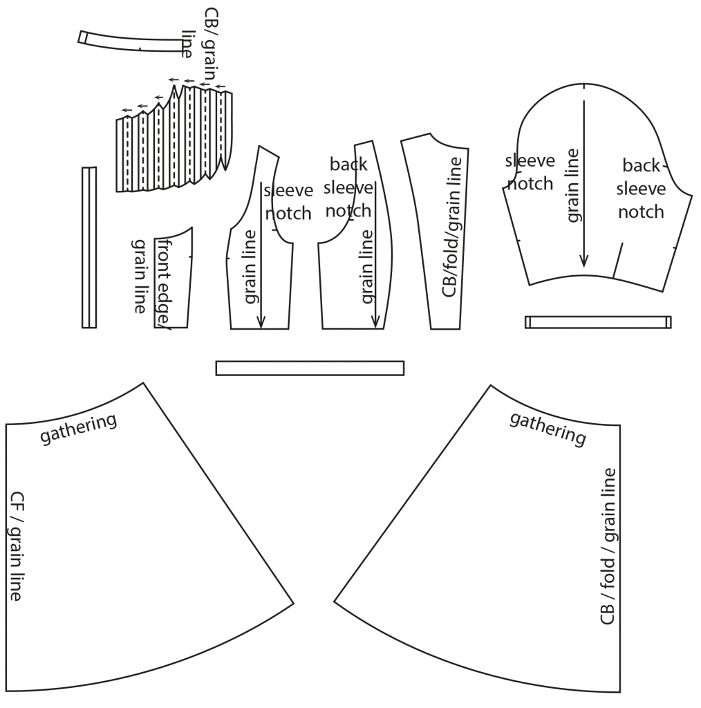 The photo shows the pattern pieces of a dress. The pattern is available on the pattern sheet.