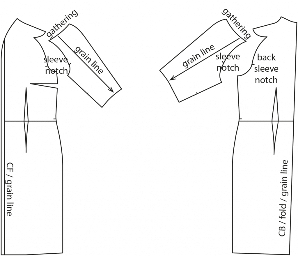 The photo shows the pattern pieces of a dress. The pattern is available on the pattern sheet.