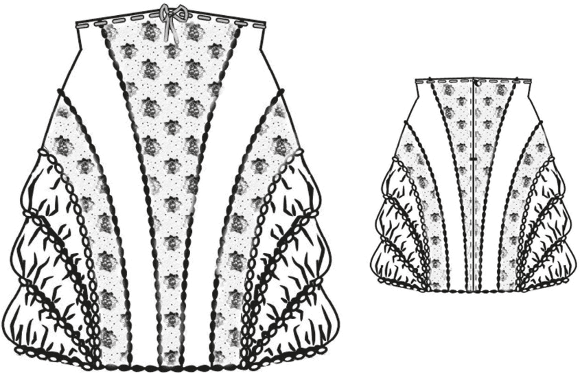 The photo shows the technical drawing of a bouffant corset skirt. It´s the template for the pattern construction.