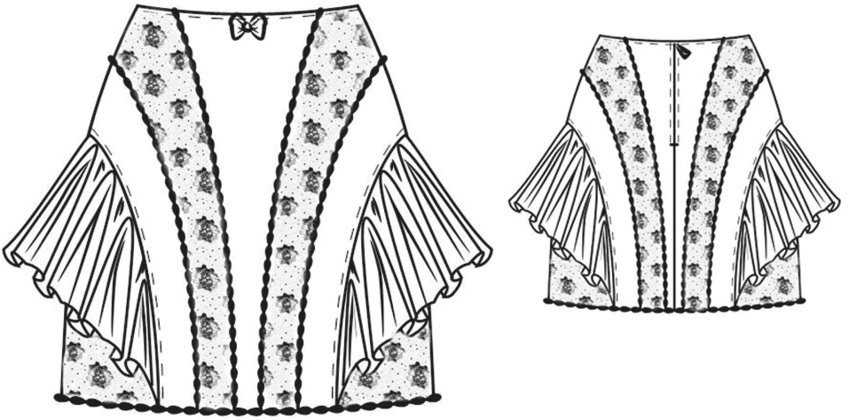 The photo shows the technical drawing of a corset skirt with push up. It´s the template for the pattern construction.