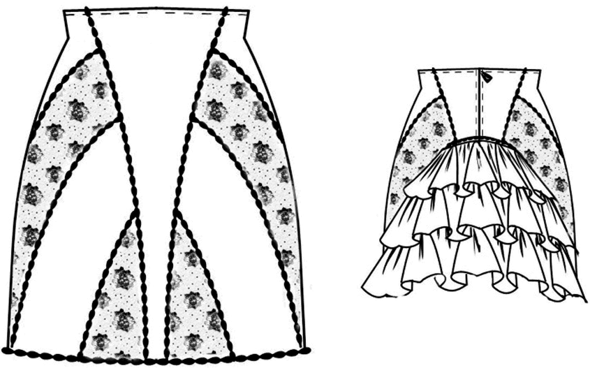 The photo shows the technical drawing of a cul de paris skirt. It´s the template for the pattern construction.