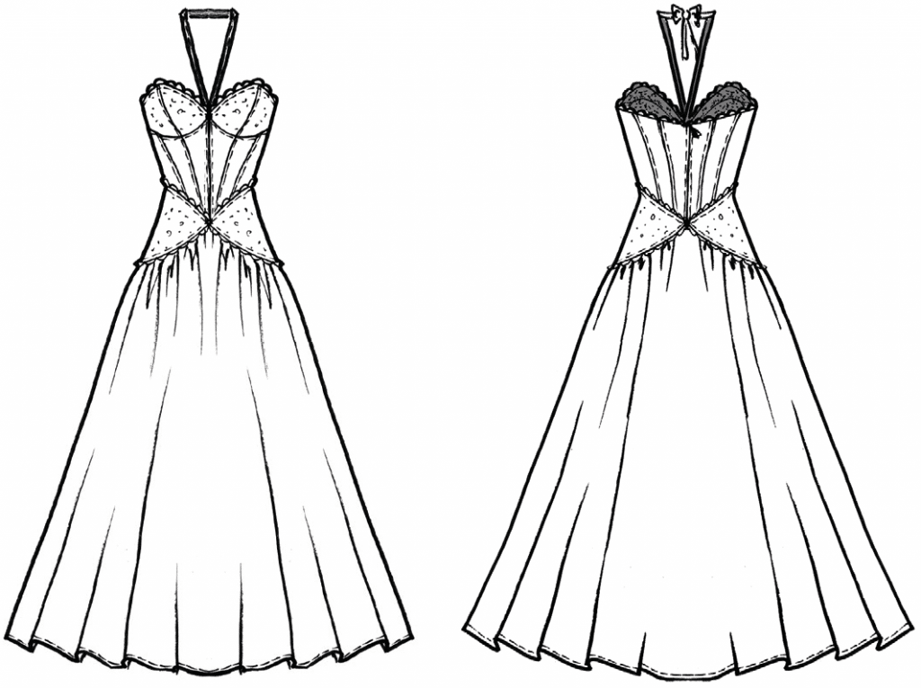 The photo shows the technical drawing of a dress. It´s the template for the pattern construction.