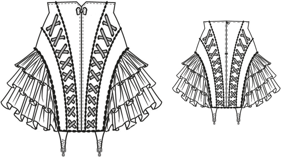 The photo shows the technical drawing of a petticoat garter girdle. It´s the template for the pattern construction.