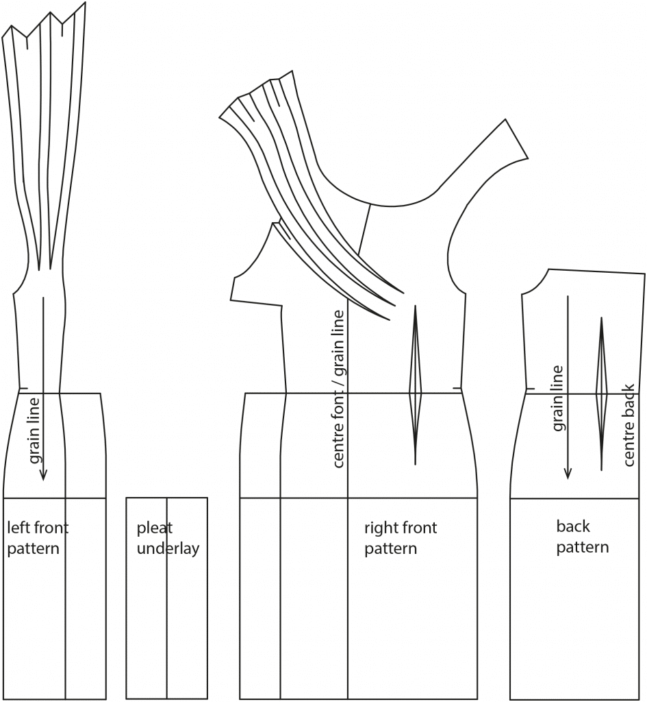 The photo shows the pattern pieces of a dress with shoulder draping. The pattern is available on the pattern sheet.