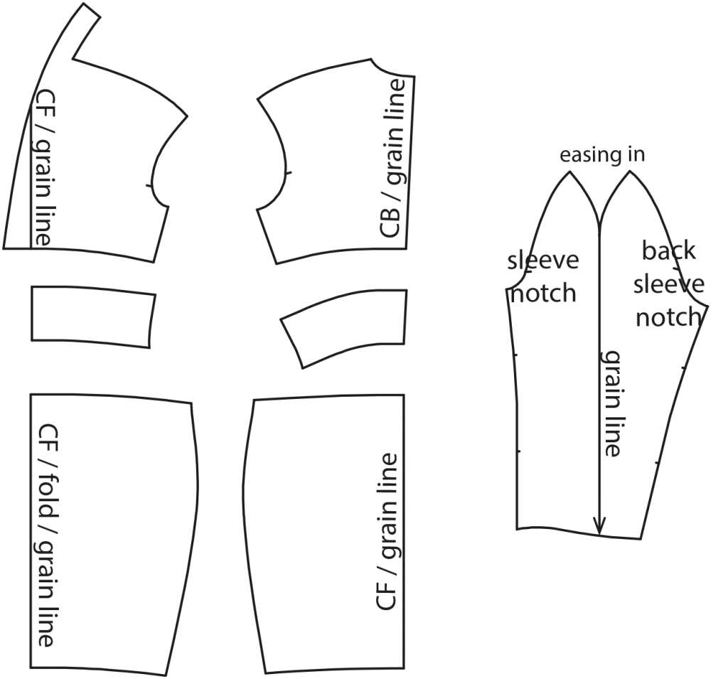 The photo shows the pattern pieces of a dress. The pattern is available on the pattern sheet.