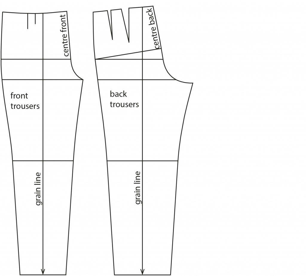 The photo shows the pattern pieces of a basic pleated trousers block. The pattern is available on the pattern sheet.