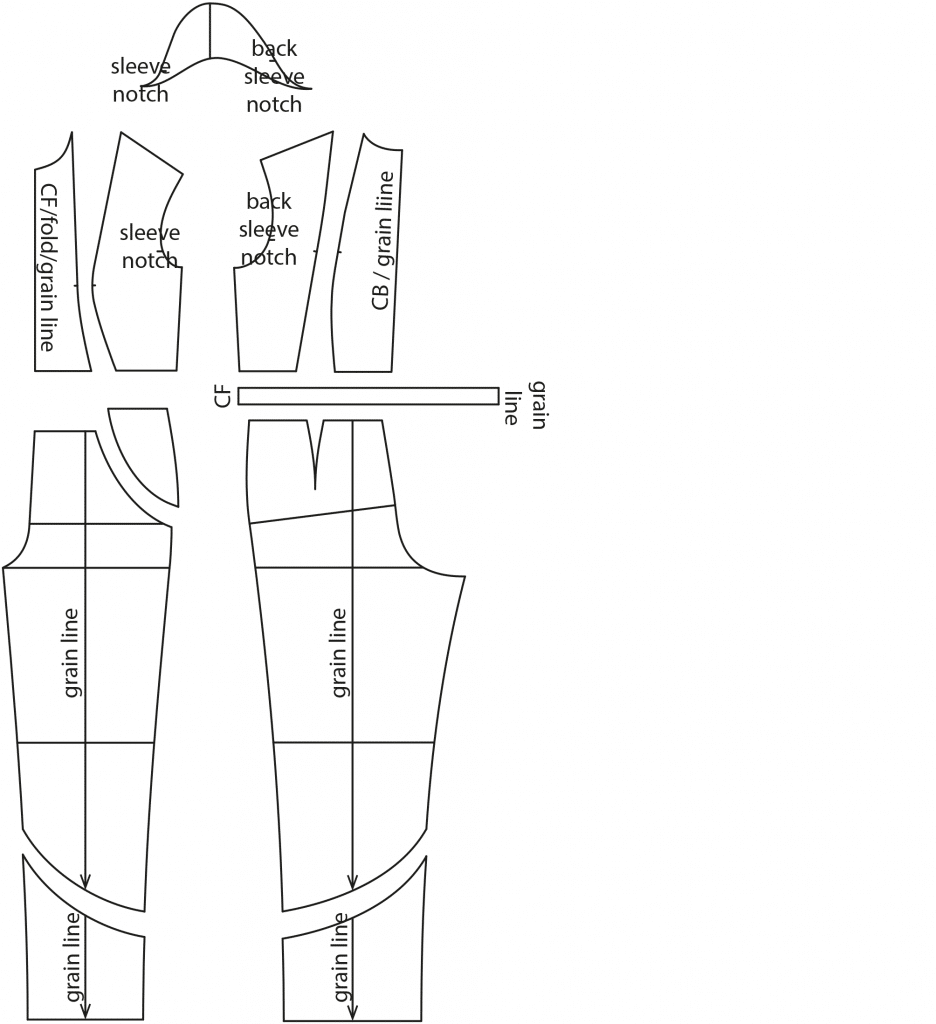 The photo shows the pattern pieces of a jumpsuit. The pattern is available on the pattern sheet.