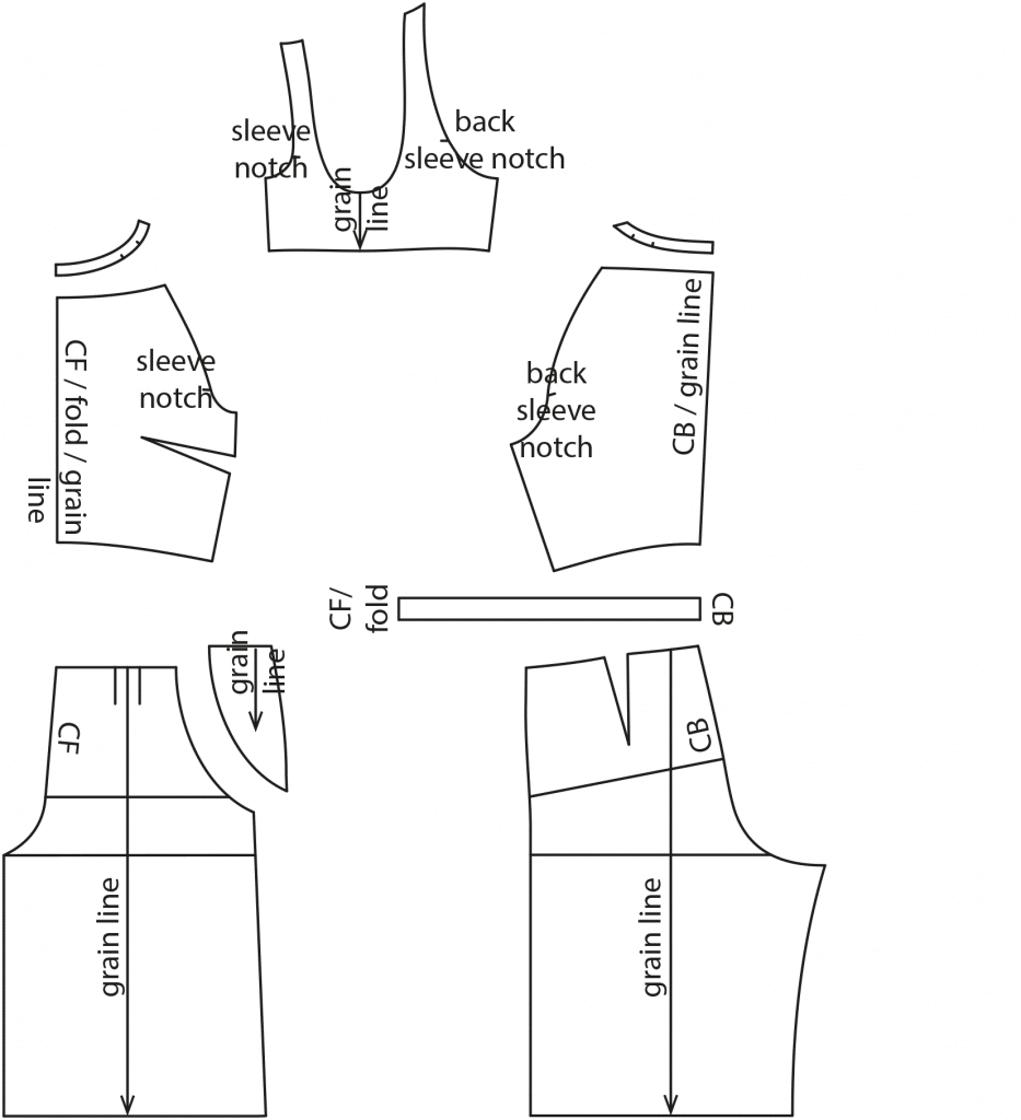 The photo shows the pattern pieces of a jumpsuit. The pattern is available on the pattern sheet.