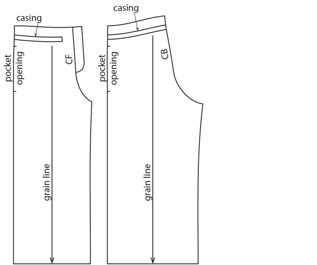 The photo shows the pattern pieces of a paperbag trousers. The pattern is available on the pattern sheet.