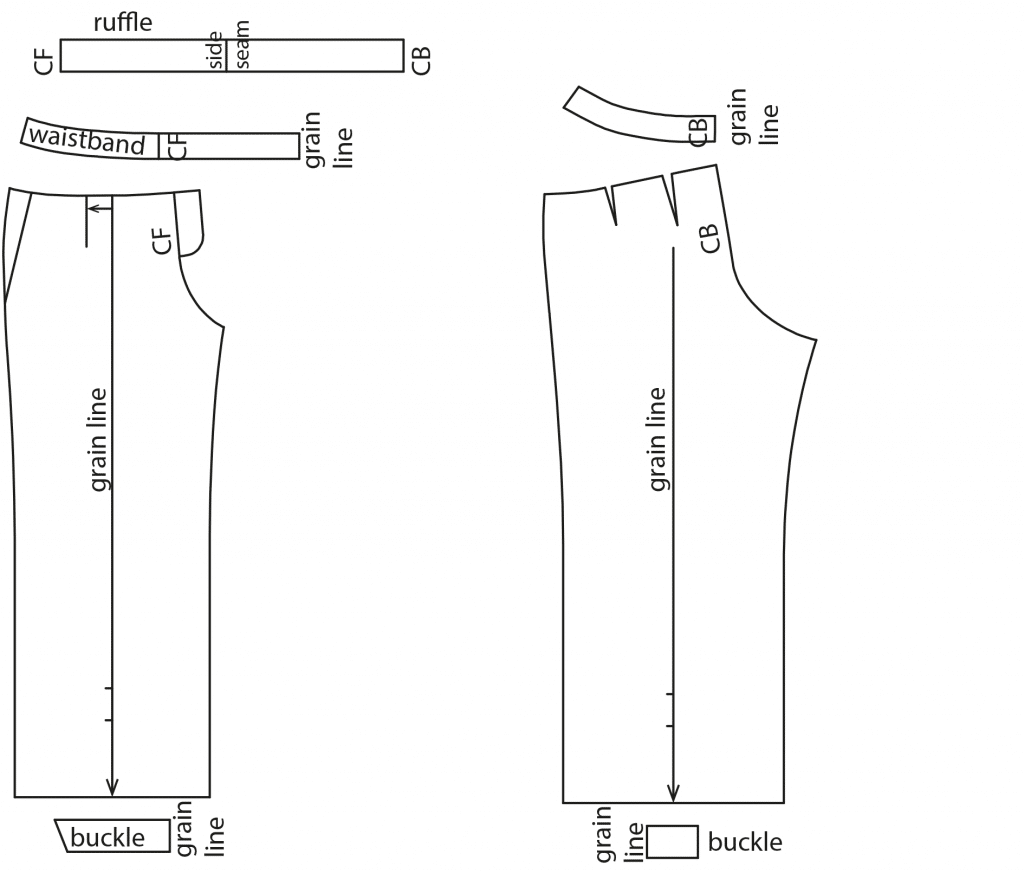 The photo shows the pattern pieces of a paperbag trousers. The pattern is available on the pattern sheet.