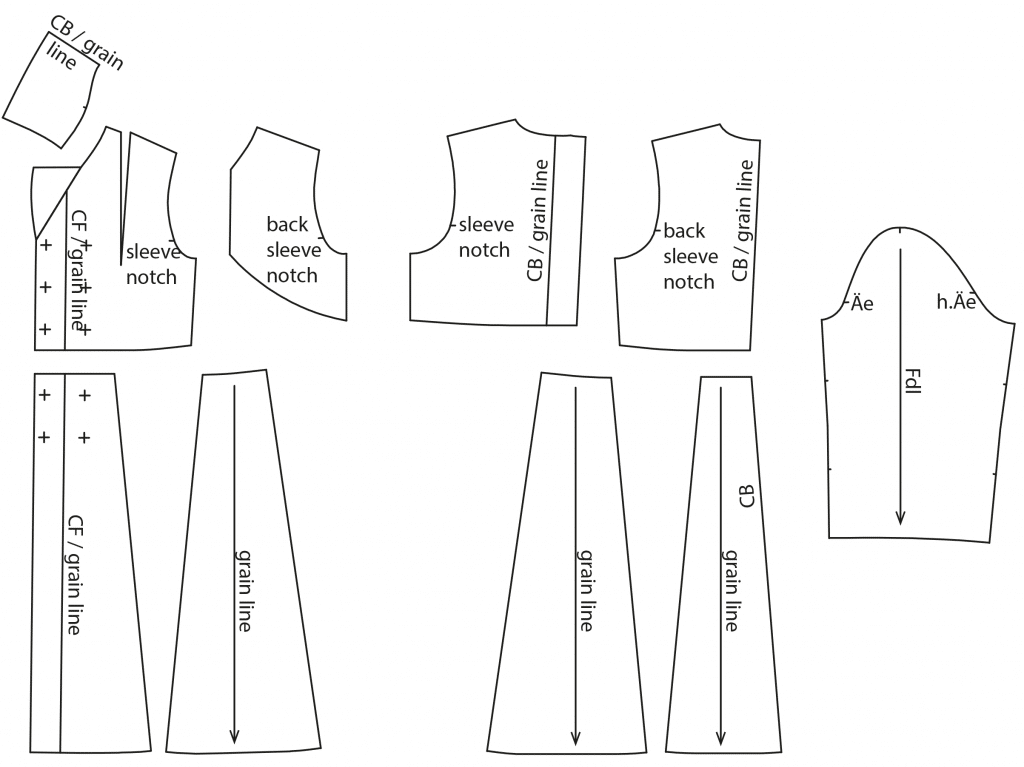 The photo shows the pattern pieces of a trenchcoat. The pattern is available on the pattern sheet.