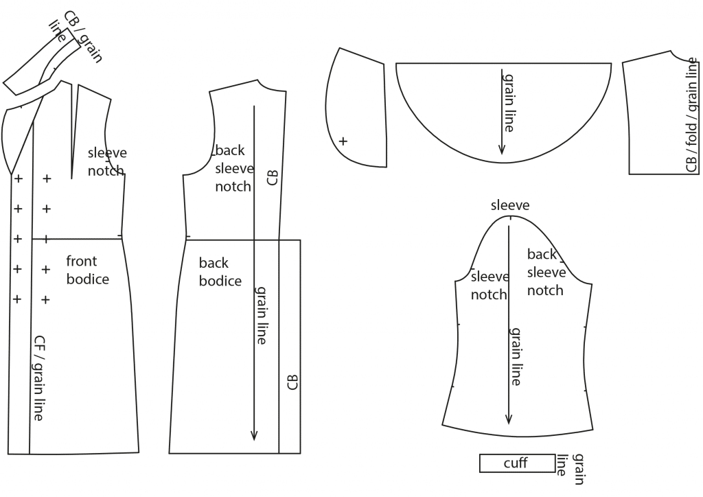The photo shows the pattern pieces of a trenchcoat. The pattern is available on the pattern sheet.