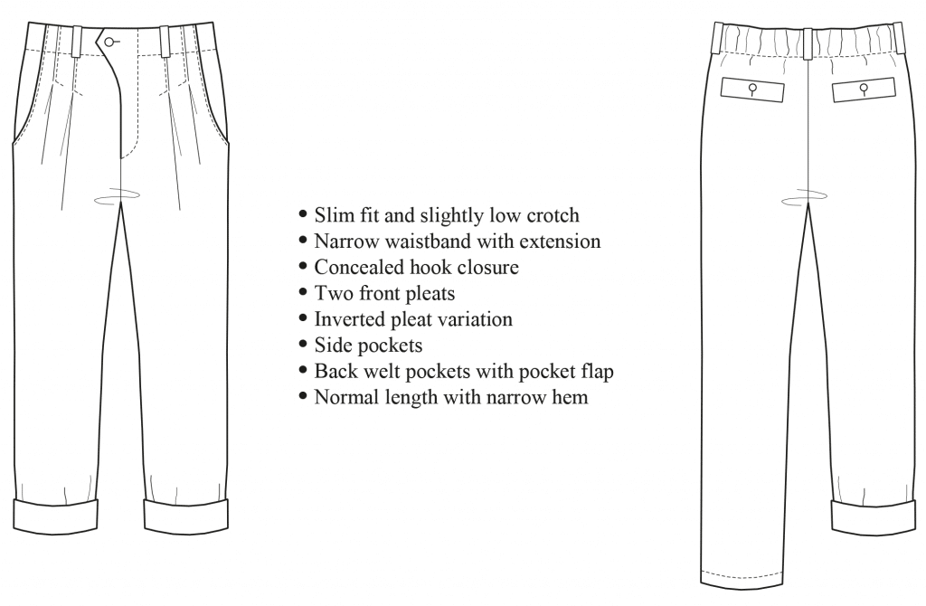 This picture shows the technical drawing of a trousers with narrow waistband. It´s the template for the pattern construction.