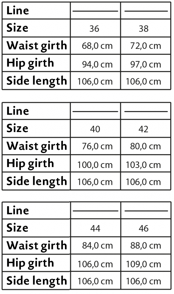 The photo shows the size chart of the paperbag trousers pattern on the pattern sheet.