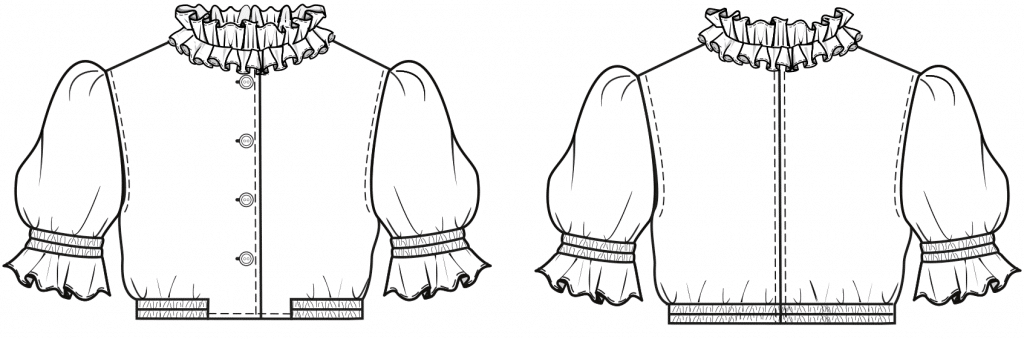 The technical drawing shows the front and pack part of a dirndl blouse for kids. It´s the template for the pattern construction.