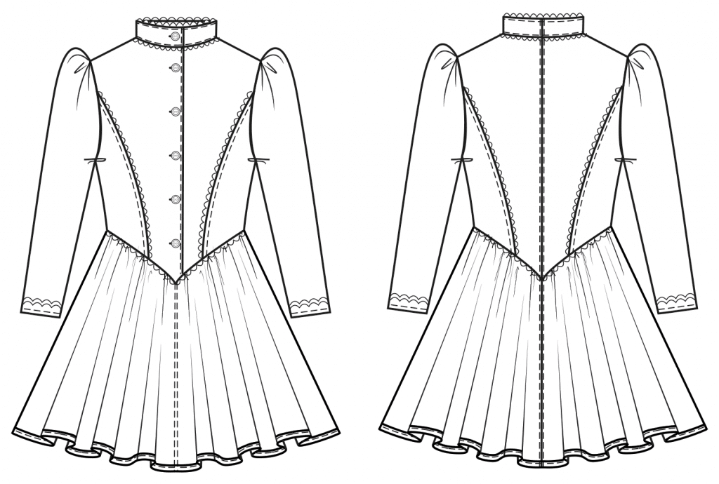 The technical drawing shows the front and pack part of a dirndl with leg of mutton sleeves for kids. It´s the template for the pattern construction