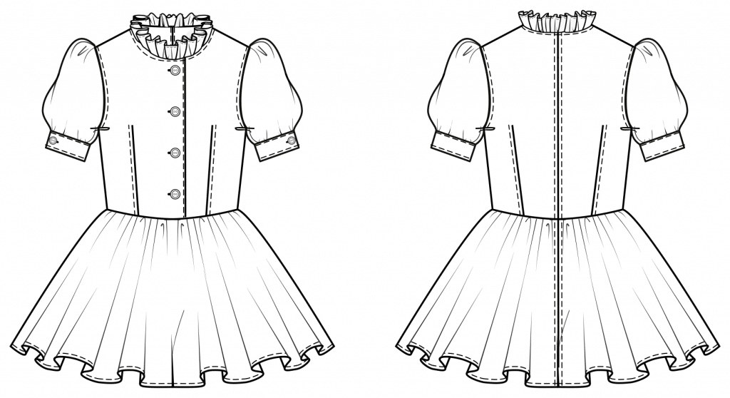 The technical drawing shows the front and pack part of a dirndl with puff sleeves for kids. It´s the template for the pattern construction.