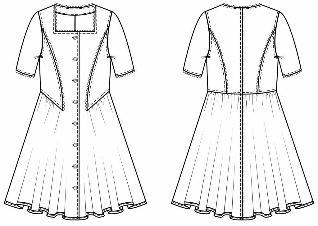 The technical drawing shows the front and pack part of a folklore dress for kids. It´s the template for the pattern construction