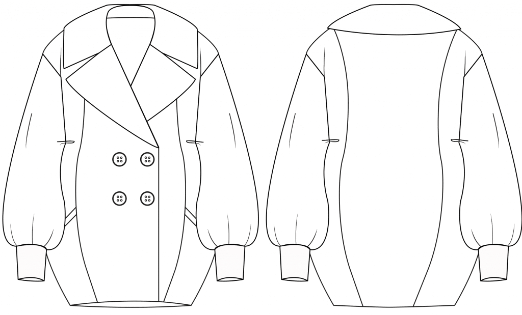 The technical drawing shows the front and back part of a egg shape jacket. It´s the template for the pattern on the pattern sheet.