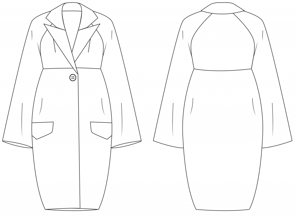 The technical drawing shows the front and back part of a egg shape coat. It´s the template for the pattern on the pattern sheet.