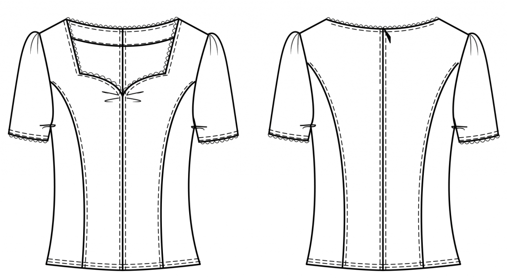 The technical drawing shows the front and pack part of a traditional blouse for kids. It´s the template for the pattern construction.