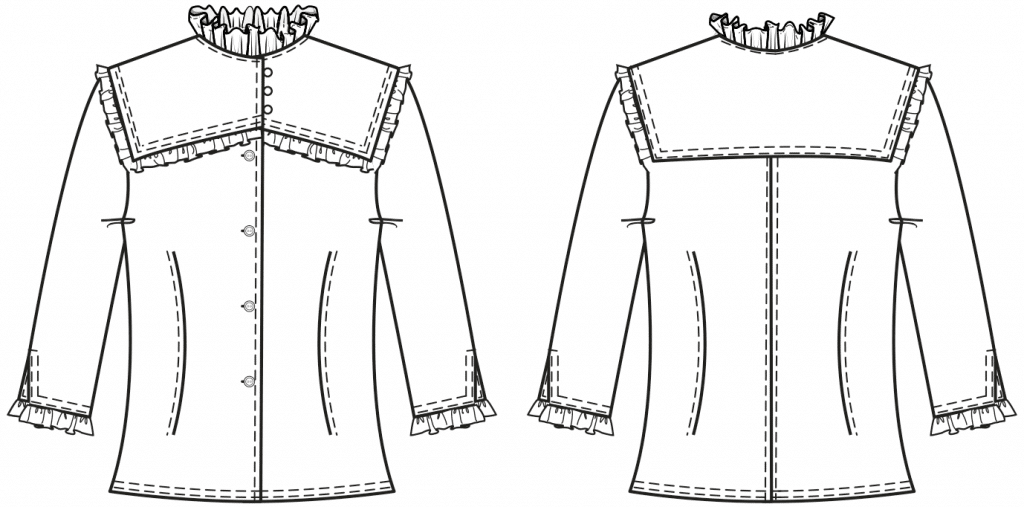 The technical drawing shows the front and pack part of a traditional blouse for kids. It´s the template for the pattern construction.