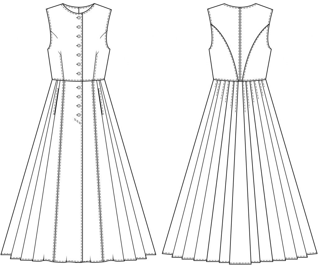 The technical drawing shows the front and pack part of a traditional dress for kids. It´s the template for the pattern construction.