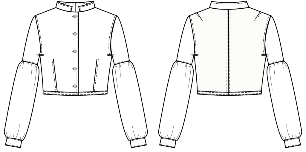 The technical drawing shows the front and back part of a traditional blouse for kids. It´s the template for the pattern construction