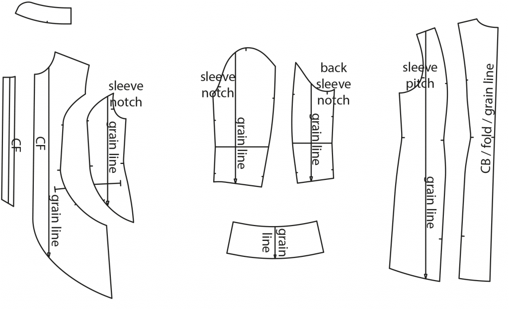 The photo shows the pattern pieces of a justaucorps. The pattern is available on the pattern sheet.