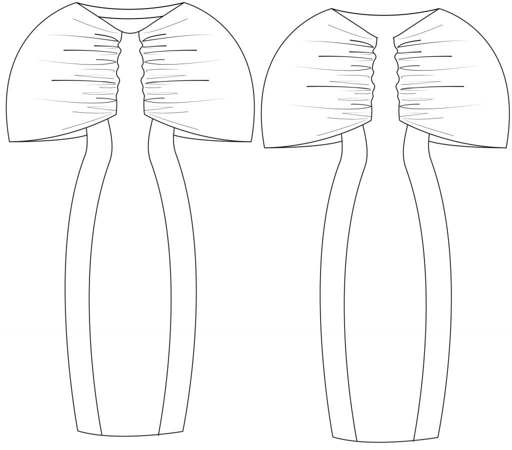The technical drawing shows the front and back part of a sheath dress with sleeve variants. It´s the template for the pattern on the pattern sheet.