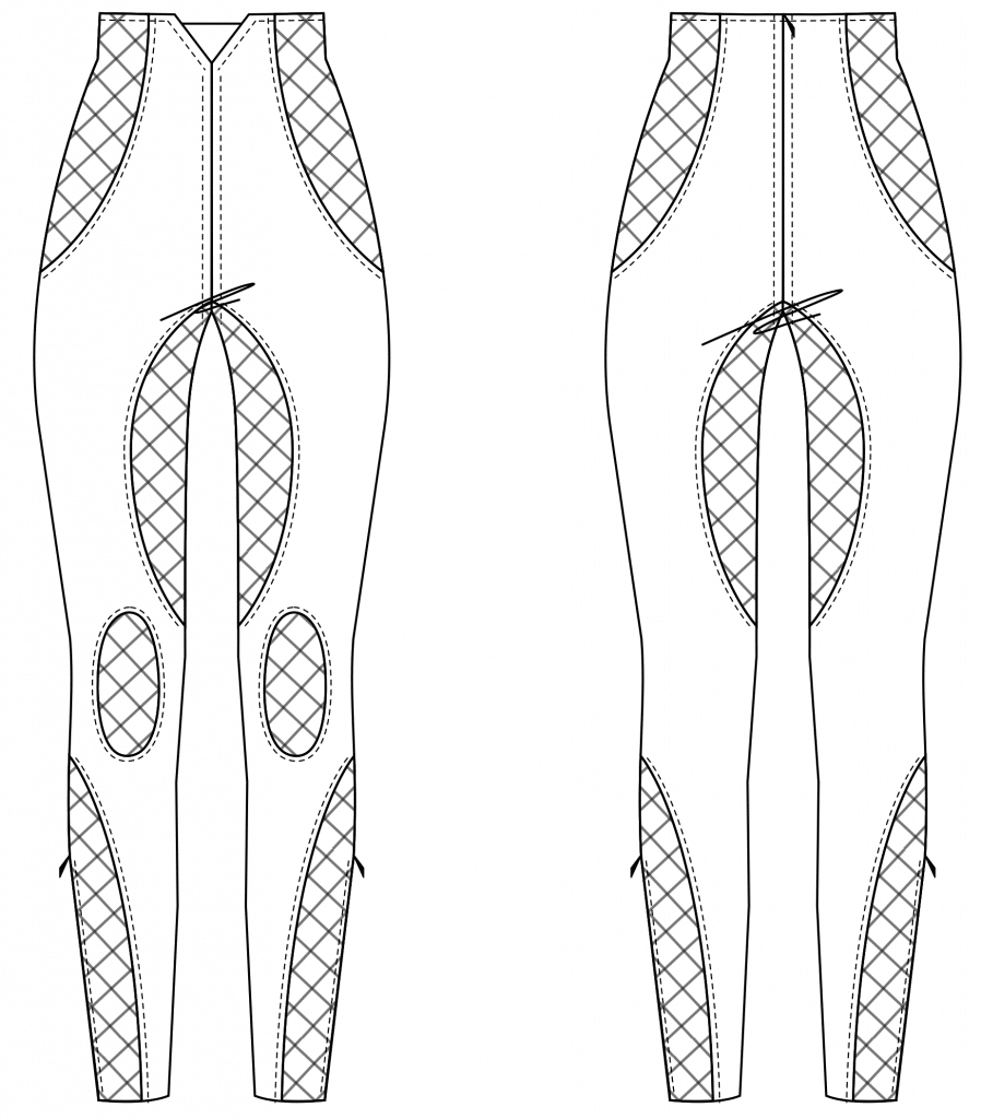 The technical drawing shows the front and back part of a sporty pants with cut outs. It´s the template for the pattern on the pattern sheet.