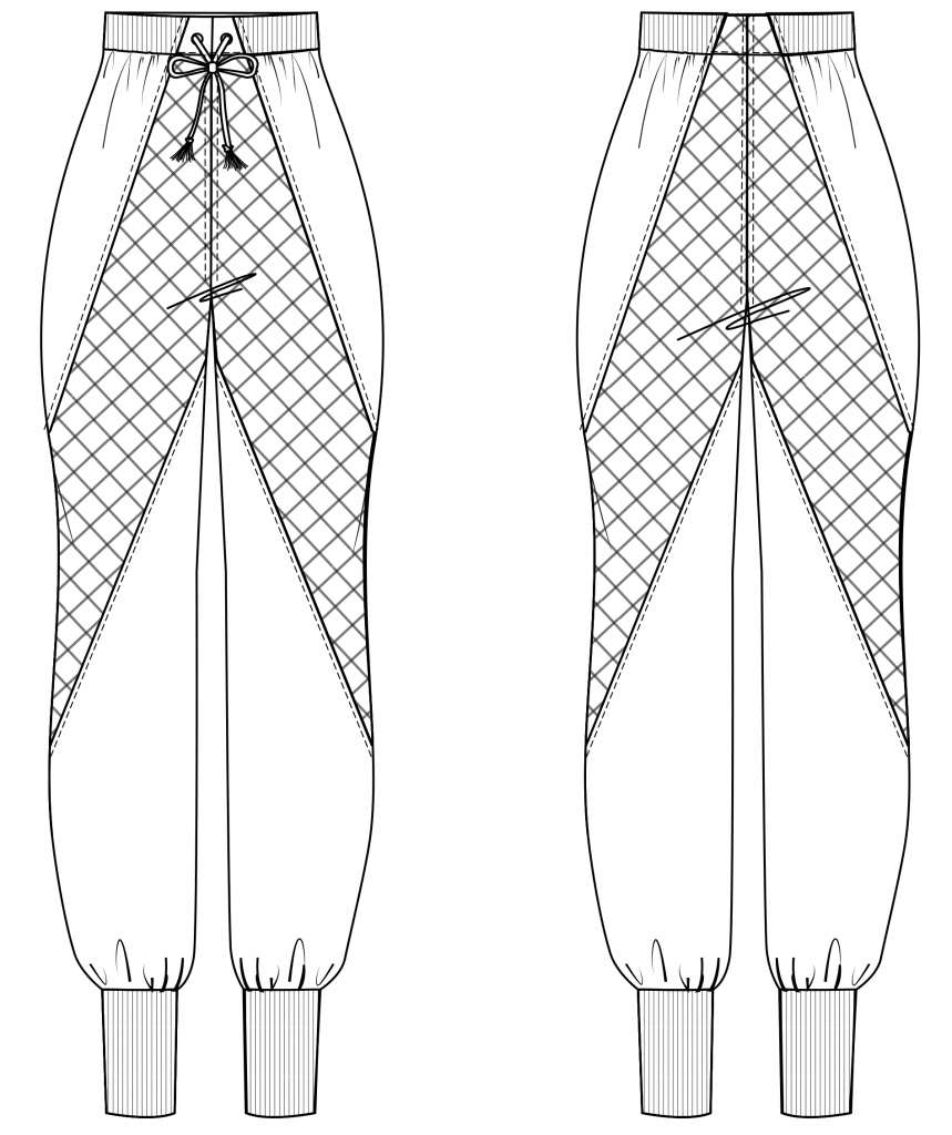 The technical drawing shows the front and back part of a sporty pants. It´s the template for the pattern on the pattern sheet.
