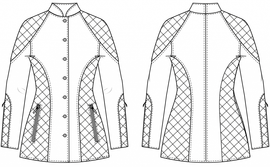 The technical drawing shows the front and back part of sporty jacket with buttons. It´s the template for the pattern on the pattern sheet.