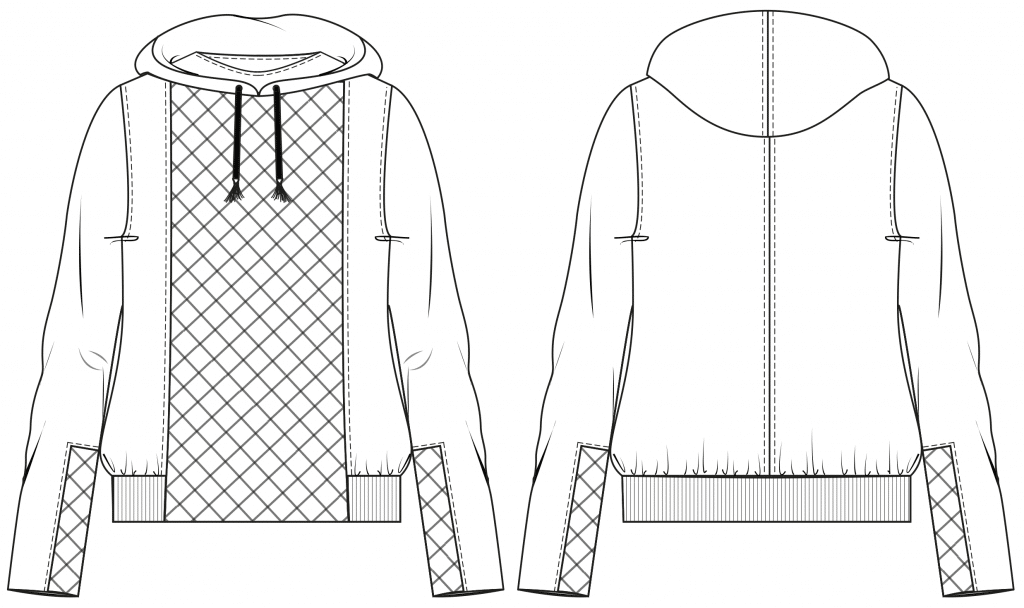 The technical drawing shows the front and back part of a sporty hoodie with hood. It´s the template for the pattern on the pattern sheet.