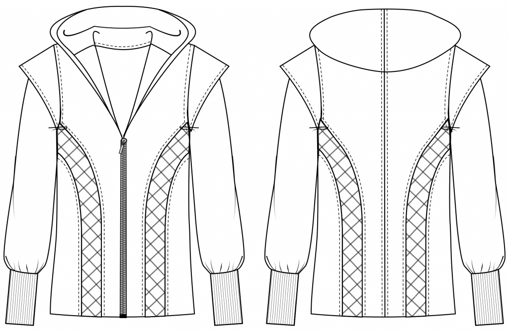 The technical drawing shows the front and back part of a sporty hoodie with zipper. It´s the template for the pattern on the pattern sheet.