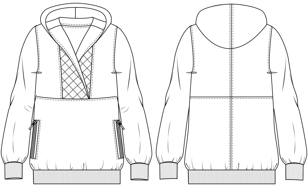 The technical drawing shows the front and back part of a sporty hoodie with hood. It´s the template for the pattern on the pattern sheet.
