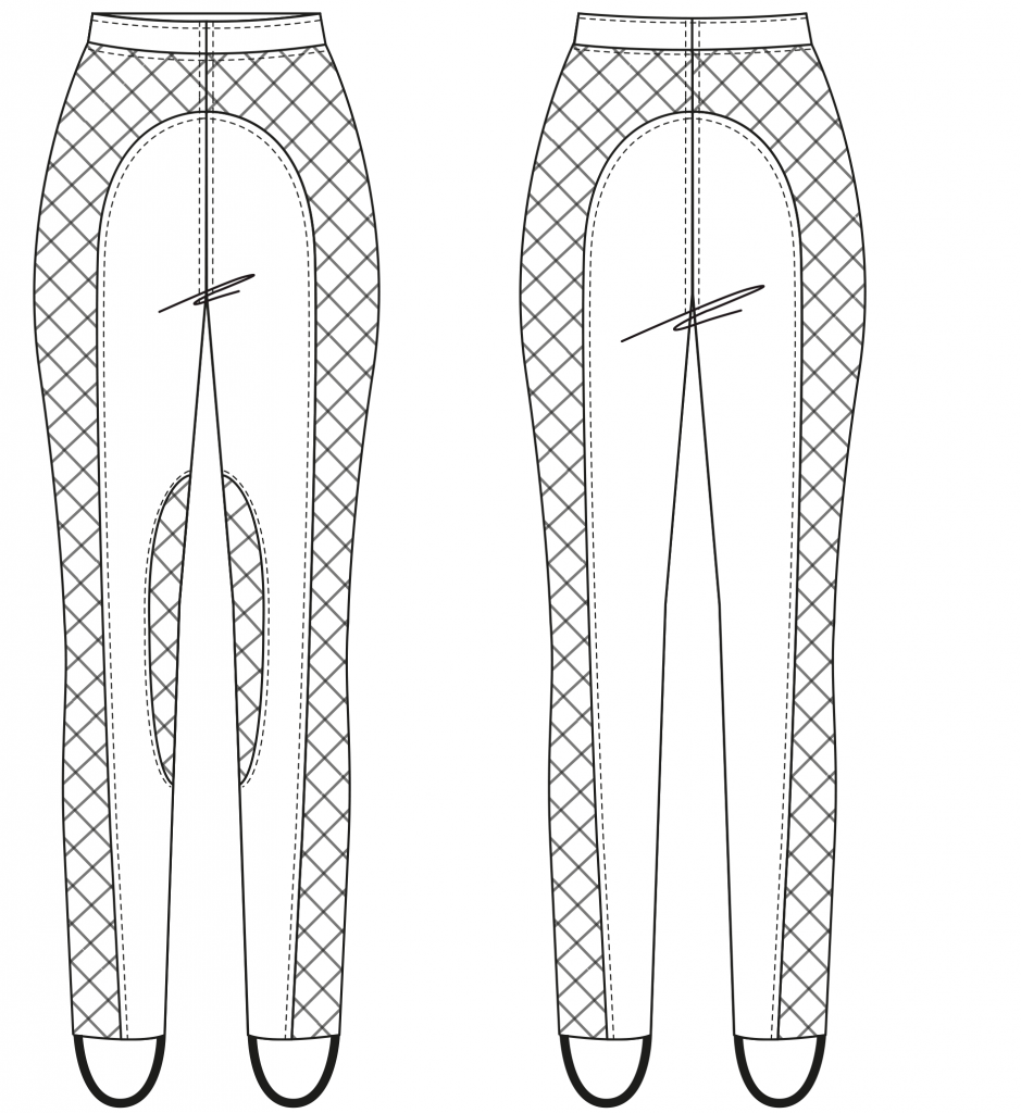The technical drawing shows the front and back part of a sporty leggings with cut outs. It´s the template for the pattern on the pattern sheet.