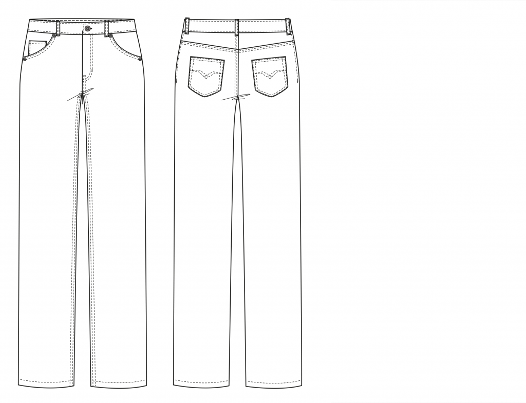 It shows the technical drawings of a classic jeans. It´s a pattern in size 36 to 38.