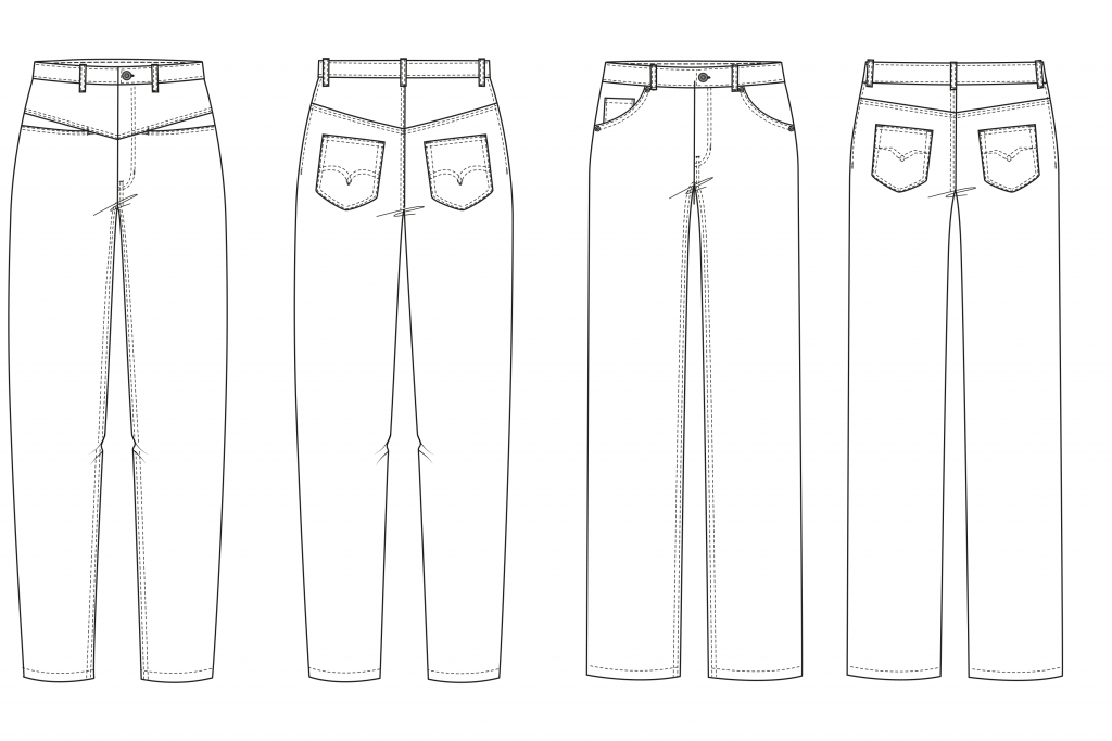 It shows the technical drawings of two different types of jeans.