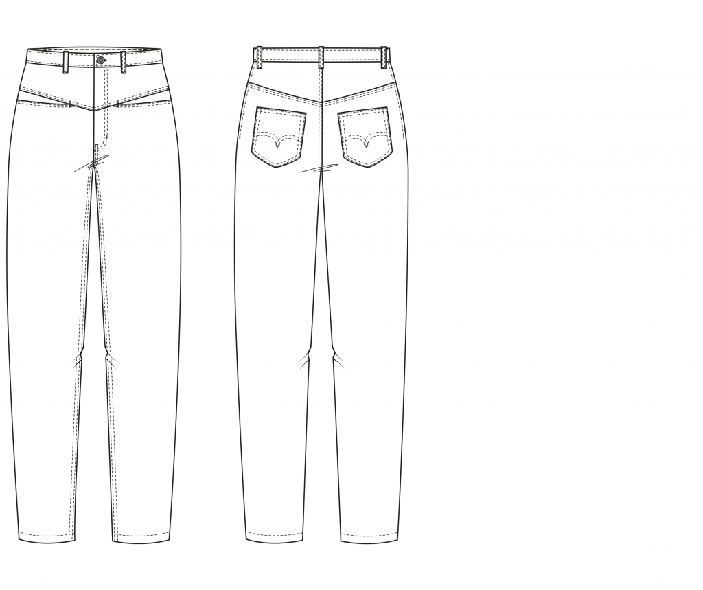 It shows the technical drawings of a mum jeans. It´s a pattern in size 36 to 38.