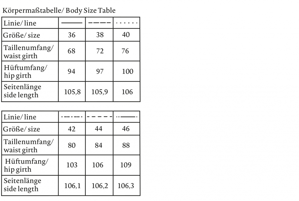 The soze charts for the pattern jeans.