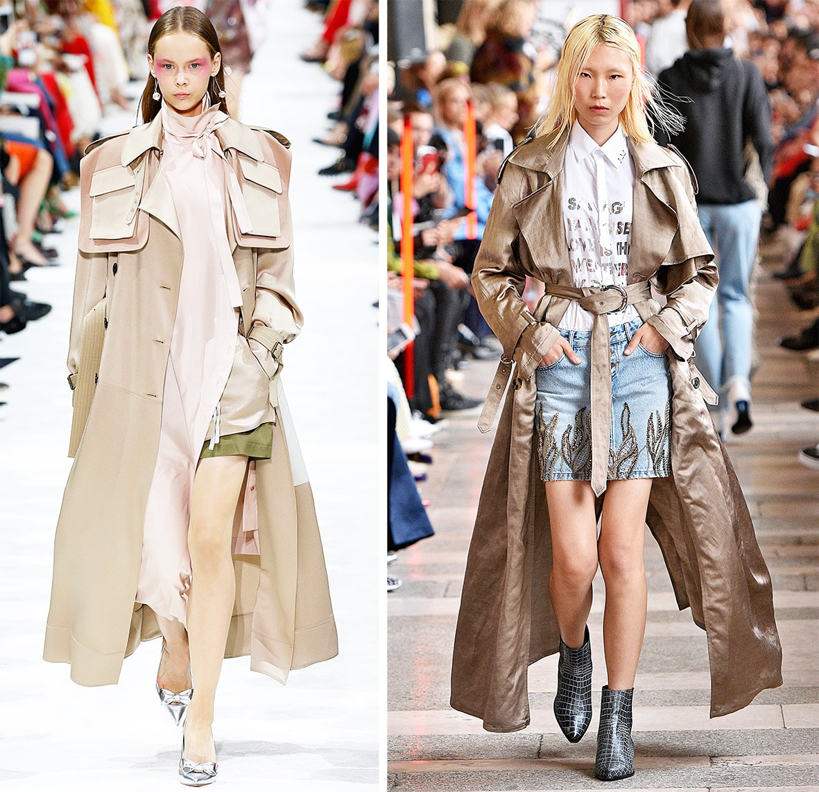 Das Foto zeigt Models auf dem Catwalk die Trenchcoats tragen. Die Fotos dienen als Vorlage für den Schnitt auf dem Schnittmusterbogen